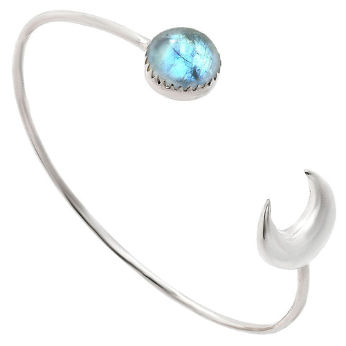 Premium Crescent Moon - Rainbow Moonstone Cuff Bangle Bracelet B-1046