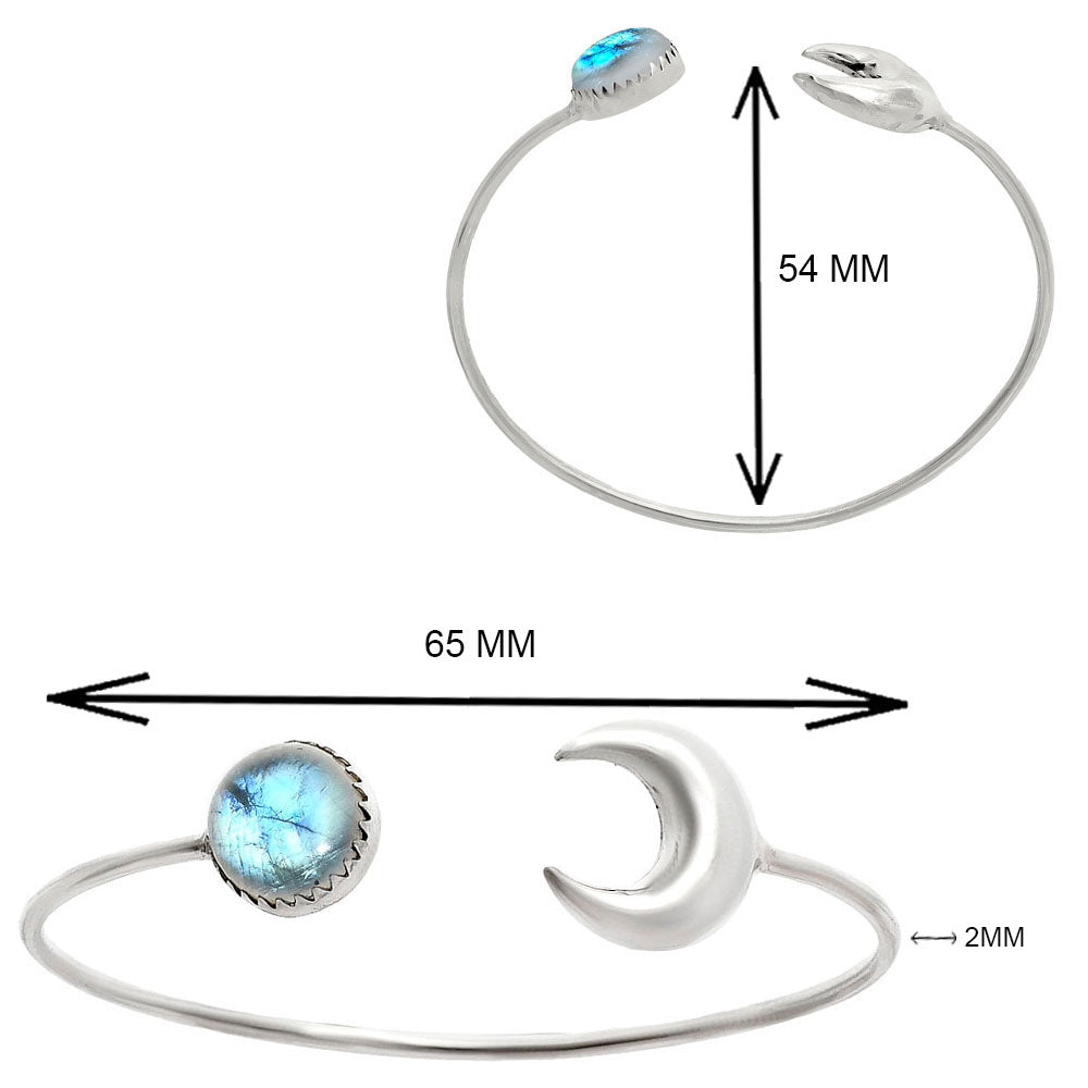 Premium Crescent Moon - Rainbow Moonstone Cuff Bangle Bracelet B-1046