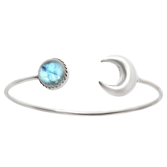 Premium Crescent Moon - Rainbow Moonstone Cuff Bangle Bracelet B-1046