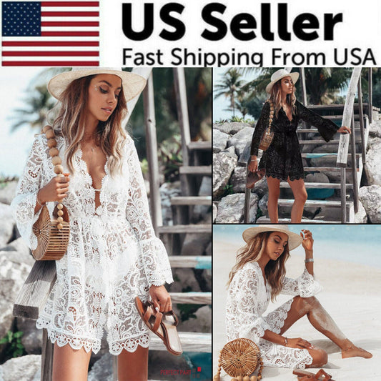 Lace Bathing Suit Cover Up Boho Beach Women Maxi Bikini Sundress Dress