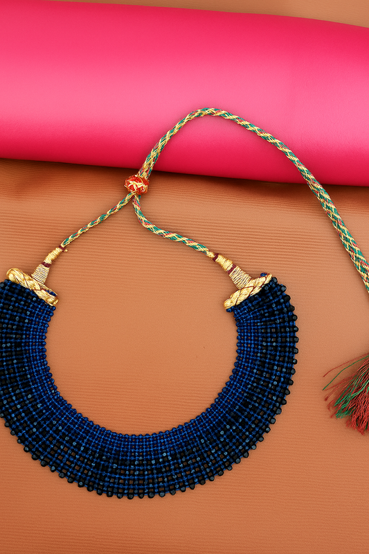 Elegant Navy Beaded Necklace with Gold Accents and Tassel Closure